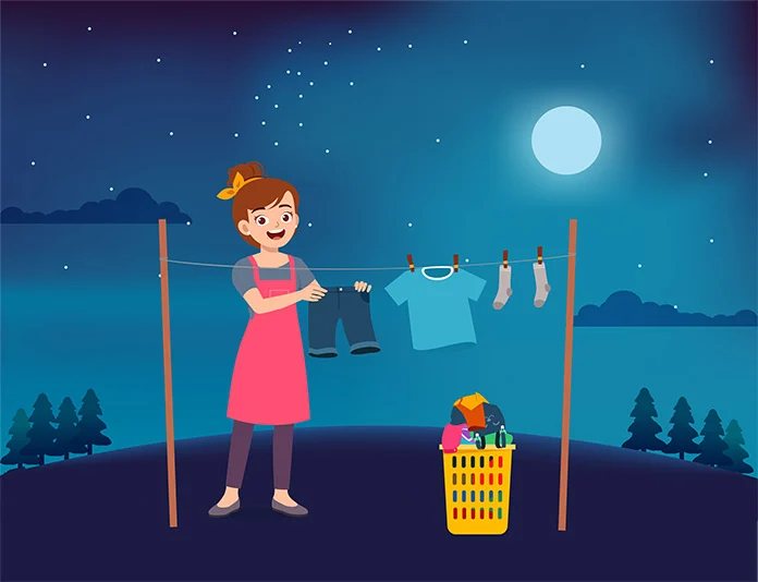 夜に洗濯を干す